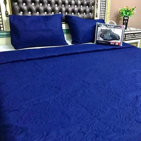 3-Pcs Embossed Fabric Quilted King Bedspread Set - Blue