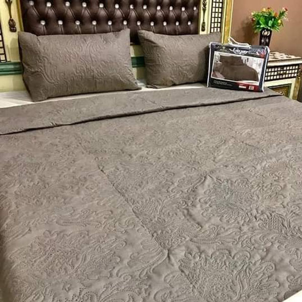 3-Pcs Embossed Fabric Quilted King Bedspread Set - Clay