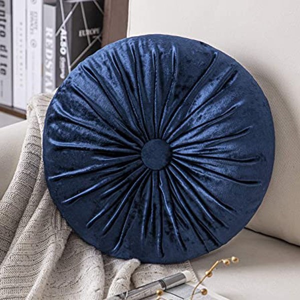 Round Pumpkin Style Plush Pleated Velvet Blue Sofa Cushion