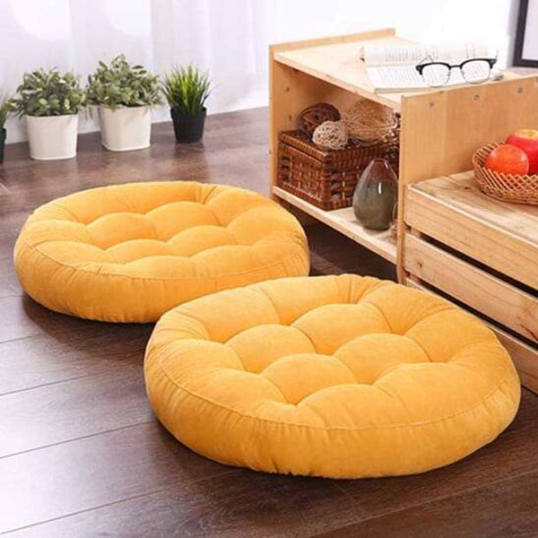 Round Shape Velvet Floor Cushions - Yellow