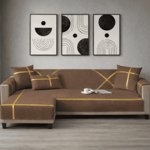 L-Shape Strip Design Velvet Sofa Cover - Brown