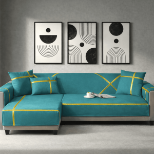 L-Shape Strip Design Velvet Sofa Cover - Teal