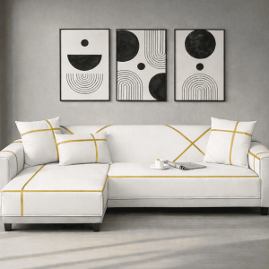 L-Shape Strip Design Velvet Sofa Cover - White
