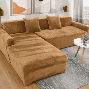 L-Shape Velvet Sofa Cover - Light Brown