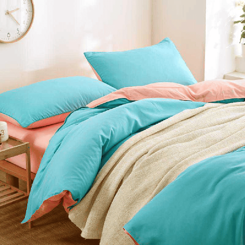 Reversible Rich Cotton Duvet Cover - Cyan & Baby Pink