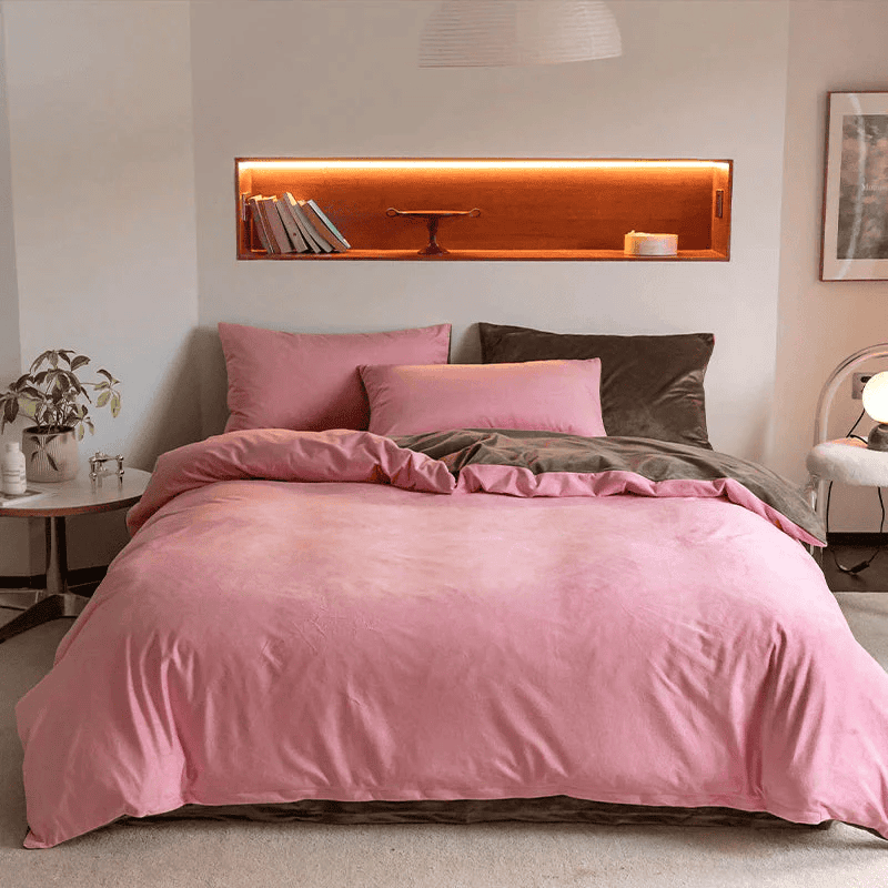 Reversible Rich Velvet Duvet Cover - Light Pink & Brown